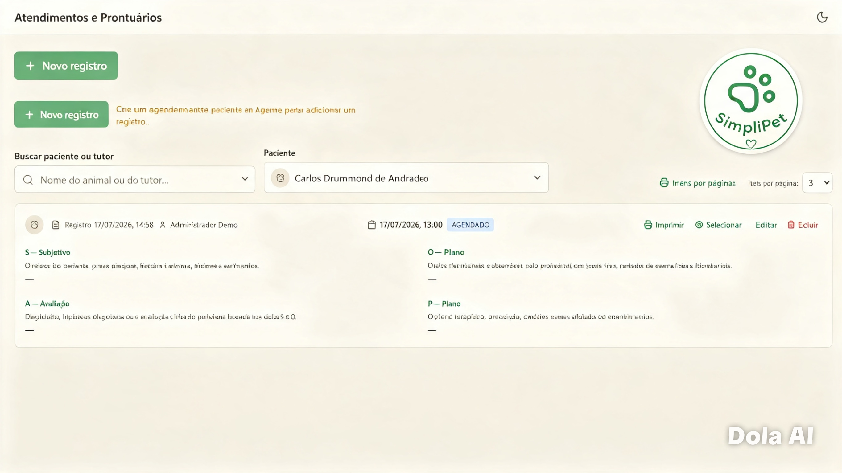 Prontuário eletrônico S.O.A.P. no SimpliPet, com histórico do paciente em ordem cronológica
